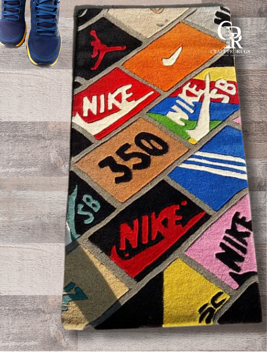 Front view of Sneaker Logo Patchwork Rug showing vibrant multicolor sneaker-inspired design and hand-tufted detail.