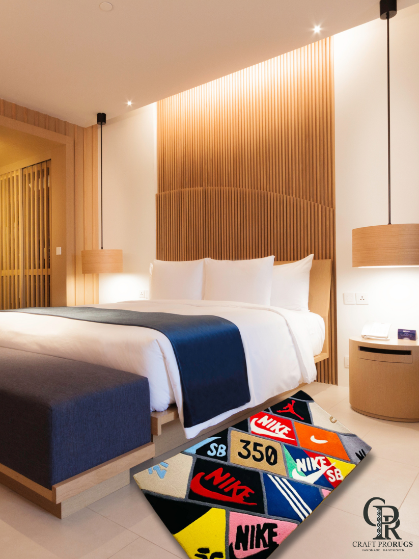 Lifestyle view of Sneaker Logo Patchwork Rug placed in a room showing vibrant multicolor sneaker-inspired design