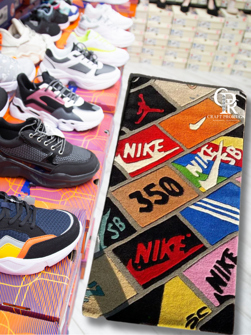 Side angle of Sneaker Logo Patchwork Rug highlighting plush texture and colorful patchwork with sneaker logos.