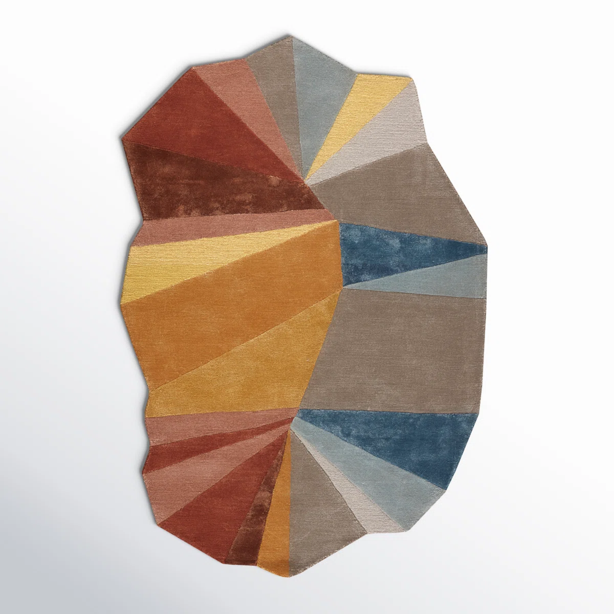 top view of stanford geometric rug showing vibrant triangular pattern in mustard rust blue and grey.