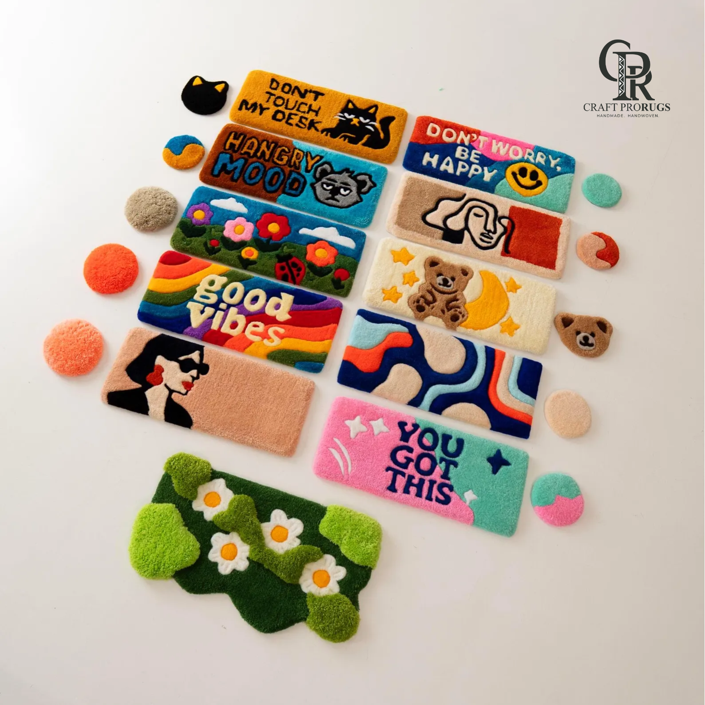 Collection of colorful keyboard rugs including the Teddy Moon Keyboard Rug