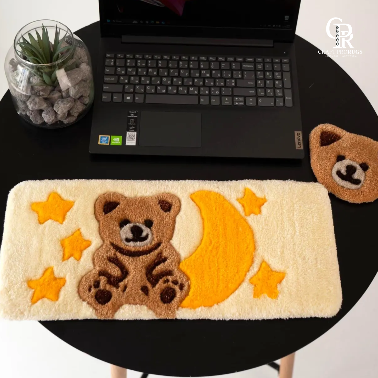 Teddy Moon Keyboard Rug placed near laptop showing teddy, moon, and stars design