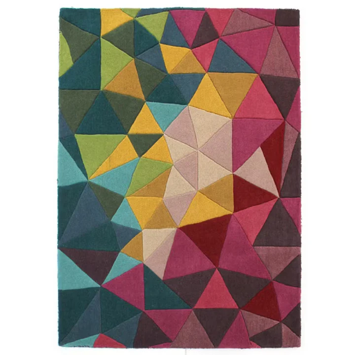 Full view of vivid geometry hand tufted wool rug featuring bold multicolor geometric triangle pattern in a rectangular shape