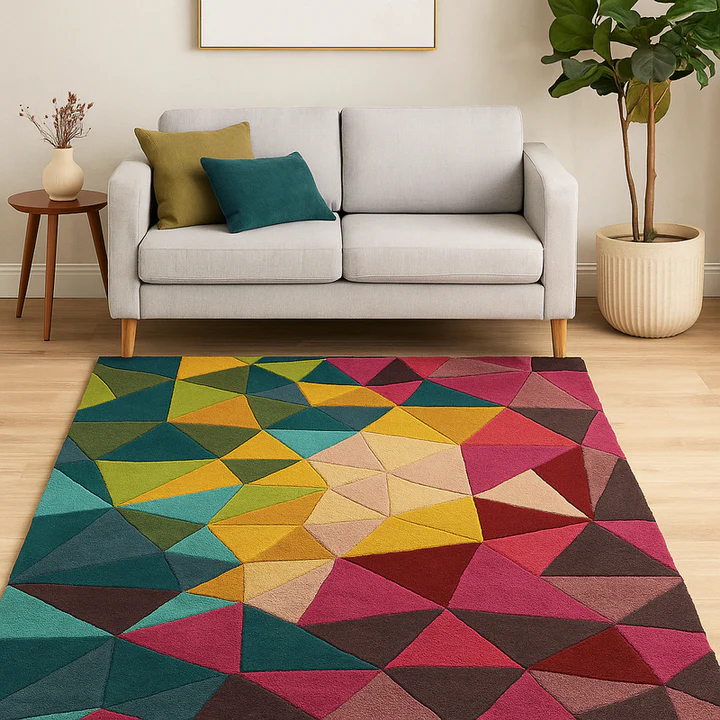 Vivid geometry hand tufted wool rug styled in a modern living room with sofa highlighting vibrant geometric design
