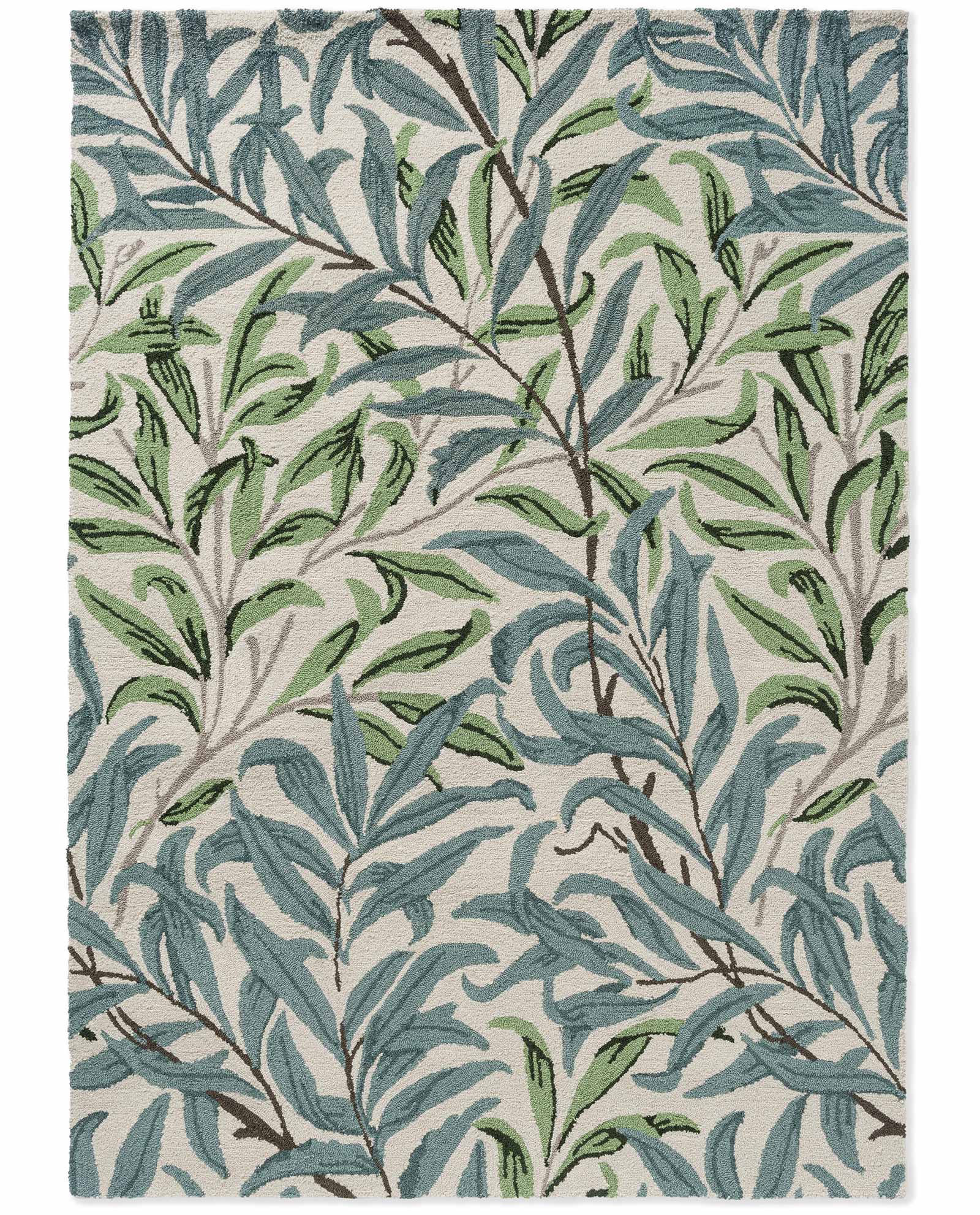 Willow Leafy Arbour hand tufted wool rug showing an all over leafy design inspired by nature in calming green and ivory shades.