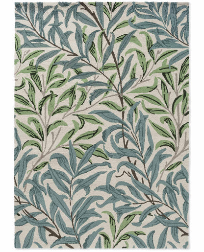 Willow Leafy Arbour hand tufted wool rug showing an all over leafy design inspired by nature in calming green and ivory shades.