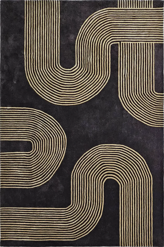 Xosi Noir Linear hand tufted wool rug featuring bold curved linear pattern with fine gold lines on deep noir background